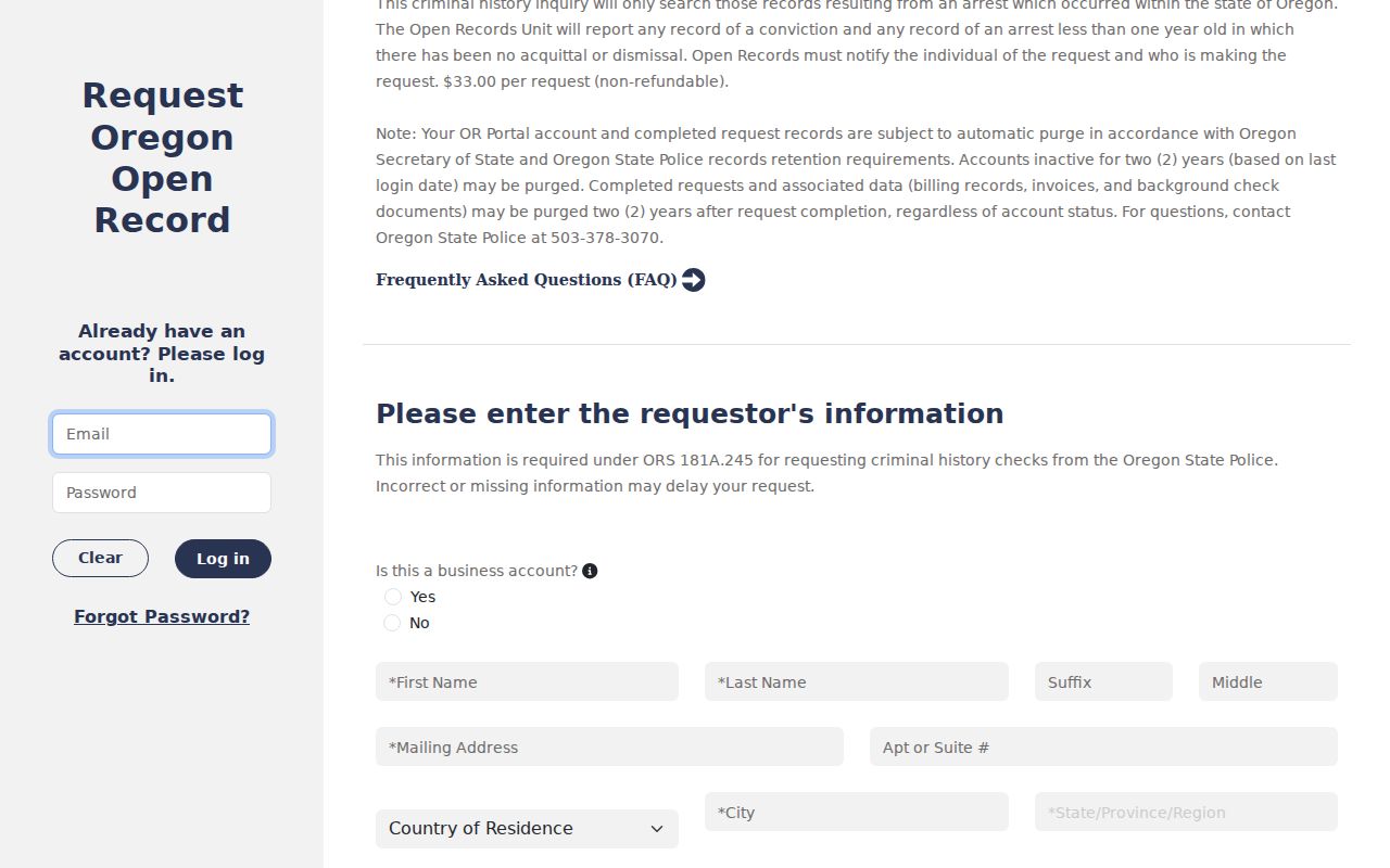 Oregon arrest records and OSP Open Record portal