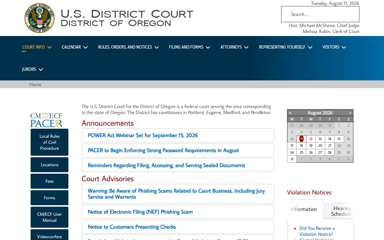 Oregon court dockets at the United States District Court