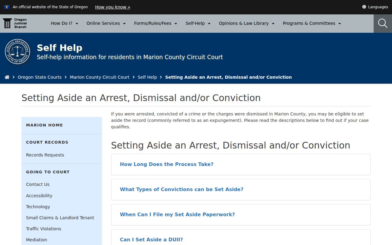 Oregon criminal court records set-aside instructions