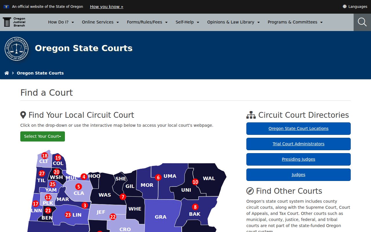 Oregon court records directory for statewide courts