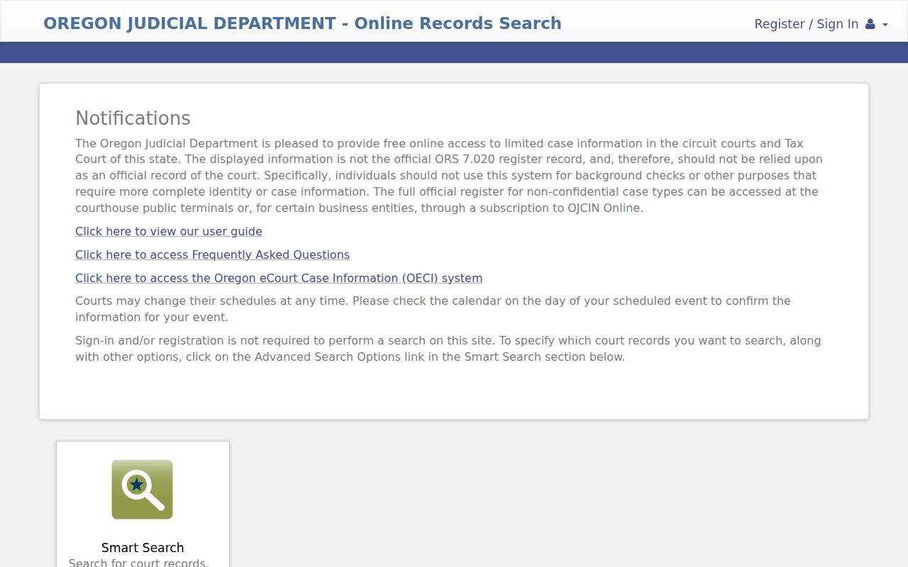 Oregon court records and calendar search portal