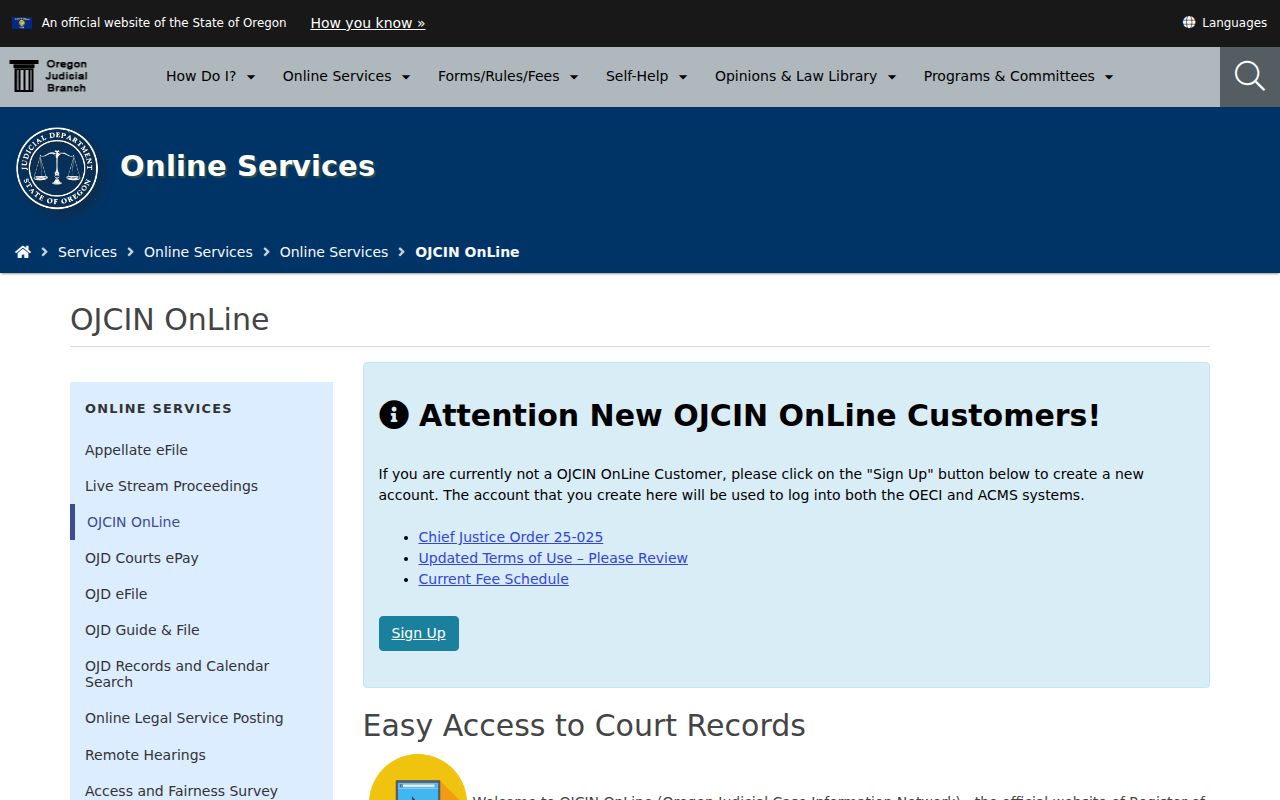 Oregon OJCIN online court records access description