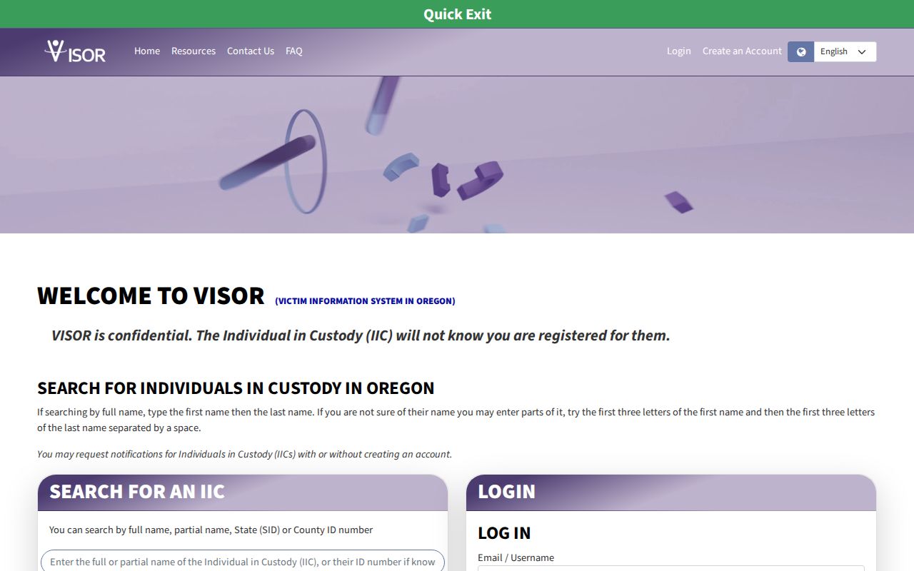 Oregon inmate custody records and VISOR notification search