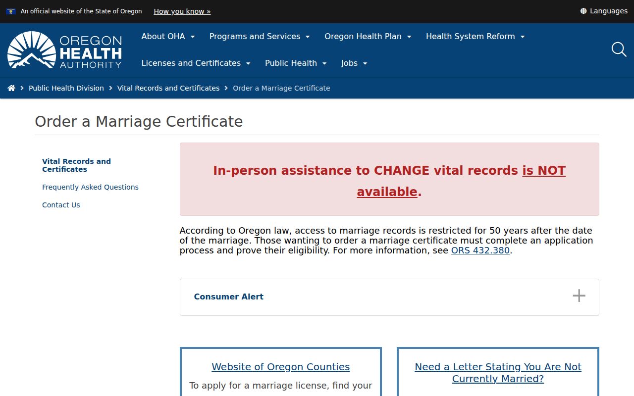 Oregon marriage record certificate ordering instructions