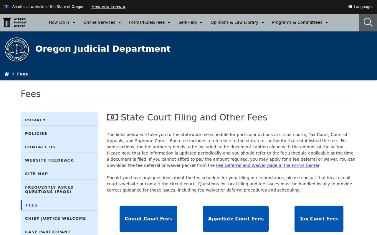 Oregon traffic court record copy and statewide court fee resources