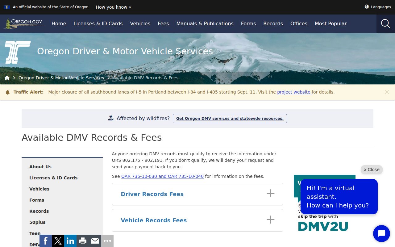 Oregon traffic driver record products and DMV fees
